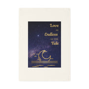 Love as endless as the tide. Organic cotton tea towel with dreamy night sky design and celestial romance.