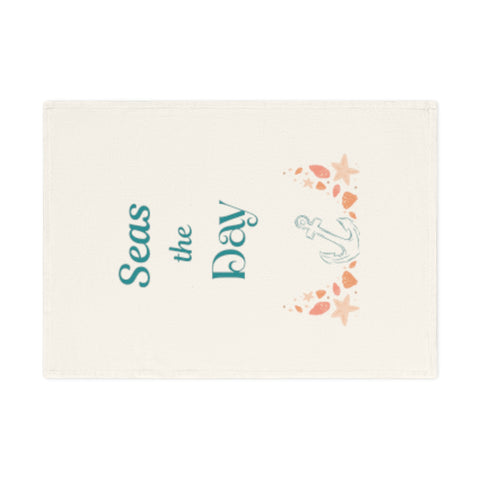 Seas the day - vibrant eco-friendly organic cotton tea towel with coastal charm and a daily dose of beachy motivation.