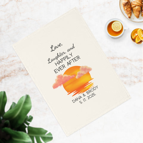 Love laughter and happily ever after organic cotton tea towel perfect for weddings bridal showers and couples gifts