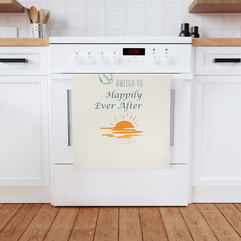 Anchors Aweigh to Happily Ever After - Nautical wedding towel, organic cotton, perfect for beachy I Dos