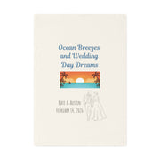 Ocean Breezes and Wedding Day Dreams - A personalized organic cotton tea towel for the perfect beachy wedding keepsake.