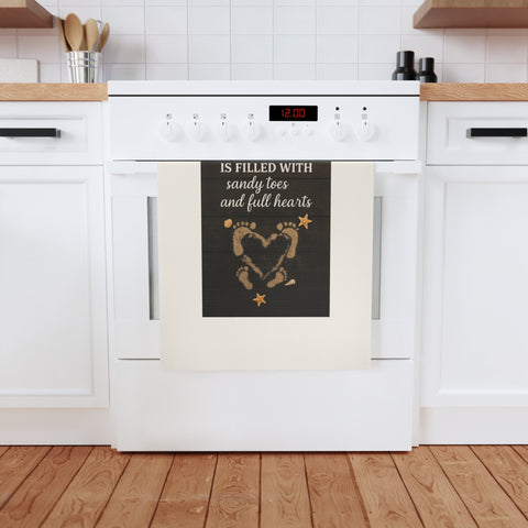 Our home is filled with sandy toes and full hearts. Organic cotton tea towel with coastal warmth and charm.