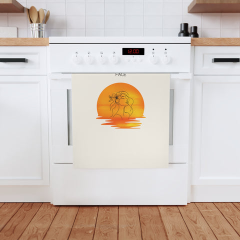 Resting Beach Face - Organic cotton tea towel with serene sunset and hibiscus line art for beach lovers.