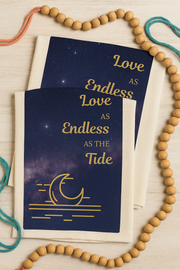 Love as endless as the tide. Organic cotton tea towel with dreamy night sky design and celestial romance.
