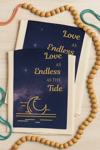 Love as endless as the tide. Organic cotton tea towel with dreamy night sky design and celestial romance.