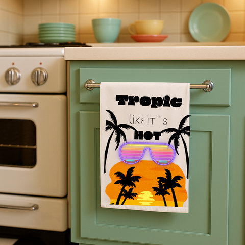 Tropic Like Its Hot -  bold neon tropical sunset design on eco-friendly organic cotton tea towel for your sassy kitchen.