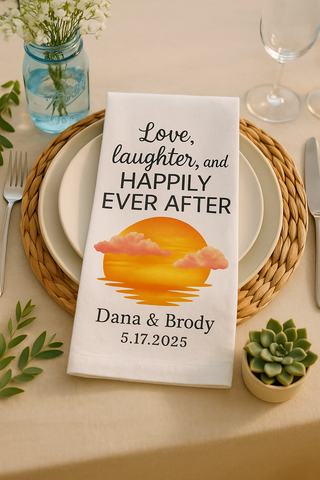 Love laughter and happily ever after organic cotton tea towel perfect for weddings bridal showers and couples gifts