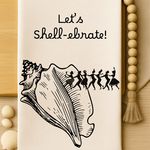 Lets Shell-ebrate! This retro beach party towel brings cheeky charm in organic cotton.