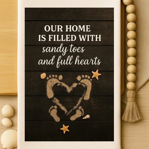 Our home is filled with sandy toes and full hearts. Organic cotton tea towel with coastal warmth and charm.