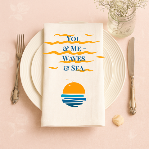 You and me, waves and sea. Bold beachy design on organic cotton towels. Perfect for ocean-loving couples.