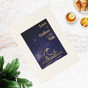 Love as endless as the tide. Organic cotton tea towel with dreamy night sky design and celestial romance.