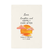 Love laughter and happily ever after organic cotton tea towel perfect for weddings bridal showers and couples gifts