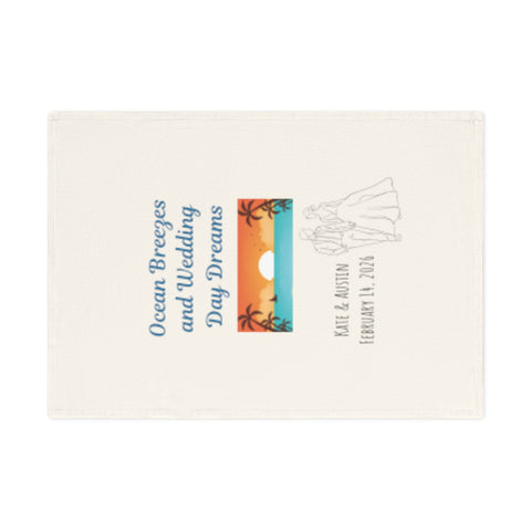 Ocean Breezes and Wedding Day Dreams - A personalized organic cotton tea towel for the perfect beachy wedding keepsake.