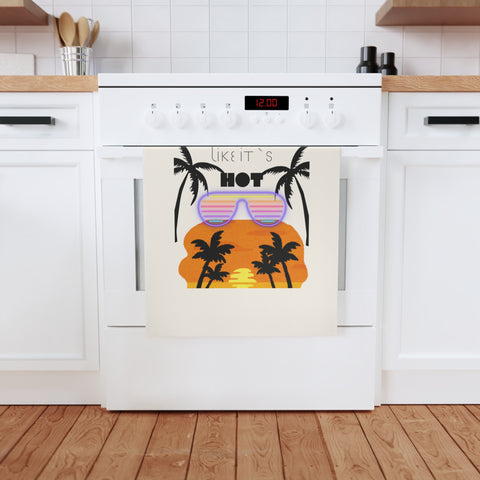Tropic Like Its Hot -  bold neon tropical sunset design on eco-friendly organic cotton tea towel for your sassy kitchen.