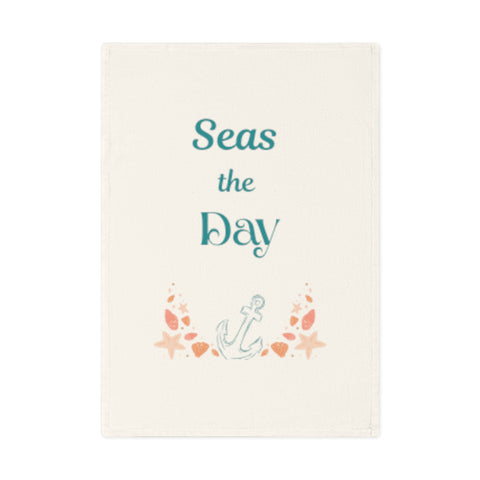 Seas the day - vibrant eco-friendly organic cotton tea towel with coastal charm and a daily dose of beachy motivation.