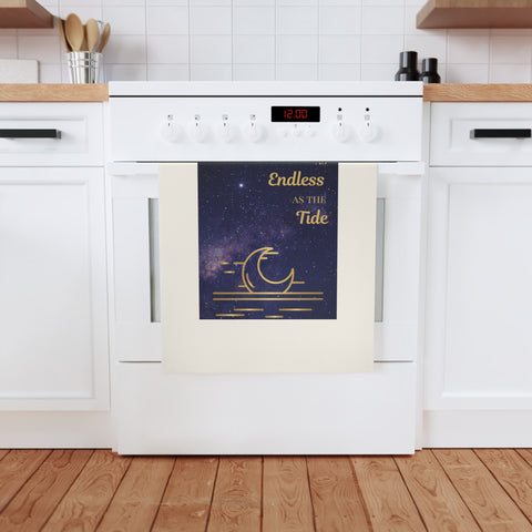 Love as endless as the tide. Organic cotton tea towel with dreamy night sky design and celestial romance.