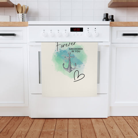 Forever anchored in you. Organic cotton tea towel with watercolor anchor and bold, romantic splash of color.