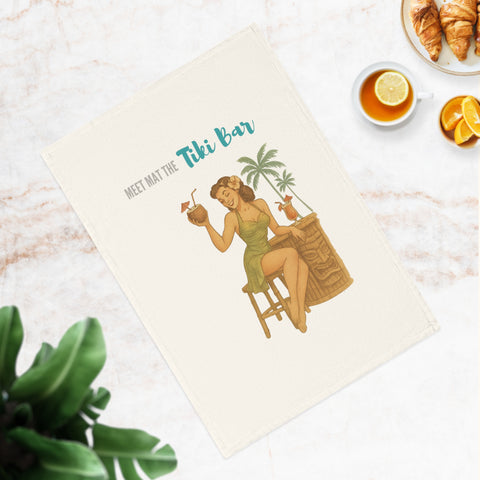 Meet Me at the Tiki Bar Retro Pinup Tea Towel - Tropical Kitchen Decor