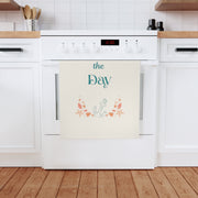 Seas the day - vibrant eco-friendly organic cotton tea towel with coastal charm and a daily dose of beachy motivation.