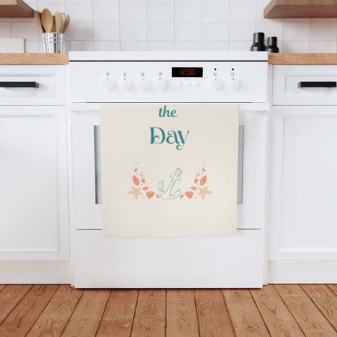 Seas the day - vibrant eco-friendly organic cotton tea towel with coastal charm and a daily dose of beachy motivation.