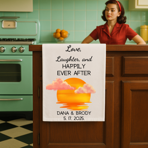 Love laughter and happily ever after organic cotton tea towel perfect for weddings bridal showers and couples gifts