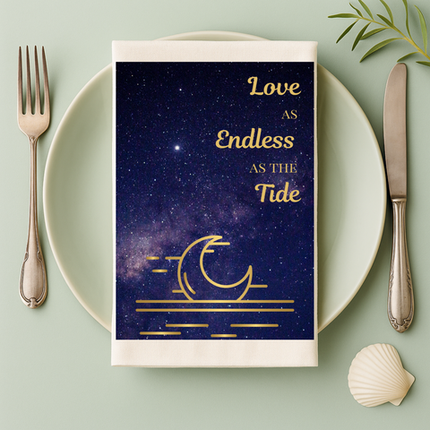 Love as endless as the tide. Organic cotton tea towel with dreamy night sky design and celestial romance.