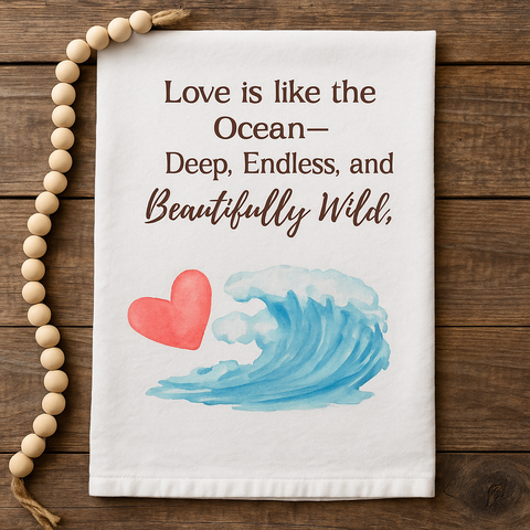 Love is like the ocean - deep, endless, and beautifully wild. Organic cotton tea towel with romantic beach vibes.