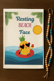 Resting BEACH Face - A cheeky coastal tea towel in organic cotton. Tropical, practical, and full of sass.